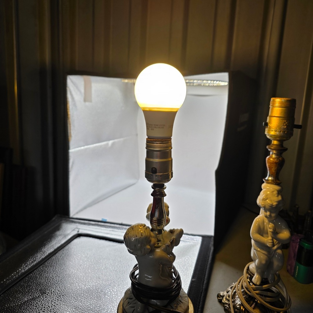 Vintage Porcelain Cherub Angel Table Lamps Pair Ornate Metal Brass Bases Works
